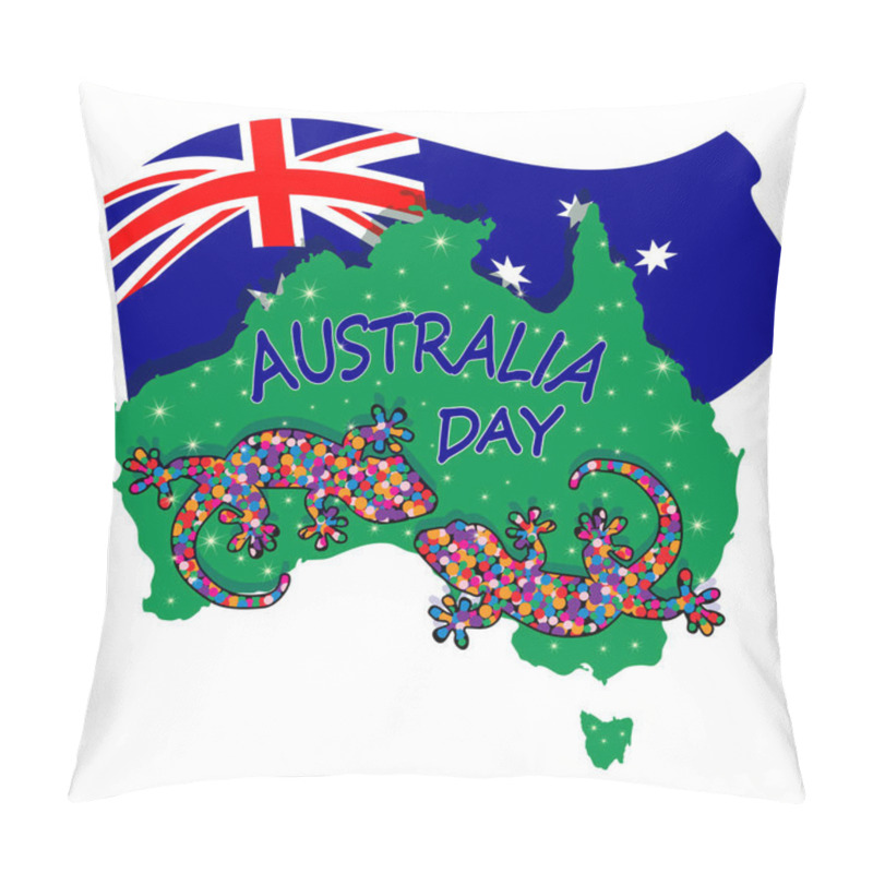 Personality  Map Of Australia With Two Lizards And Flag Isolated On White Background. Australian Continent. Australia Day. Naidoc Week. Union Jack. Reconciliation Day. Travel To Australia Poster Design. Stock Vector Illustration Pillow Covers