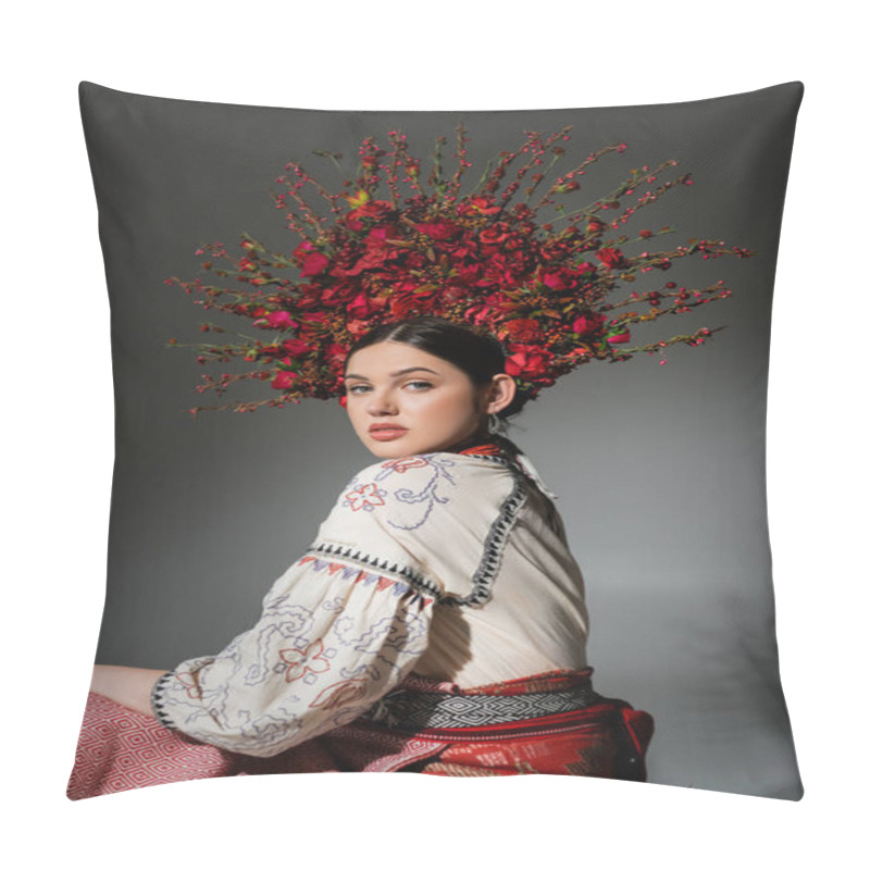 Personality  Portrait Of Pretty Ukrainian Woman In Traditional Costume And Floral Red Wreath On Grey Pillow Covers