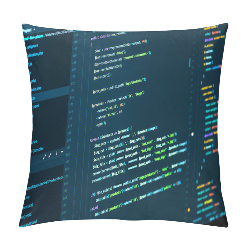 Personality  Splitting Of Css And Php Code. Software Programming Code Developing In The Code Editor. Computer Script Code Pillow Covers