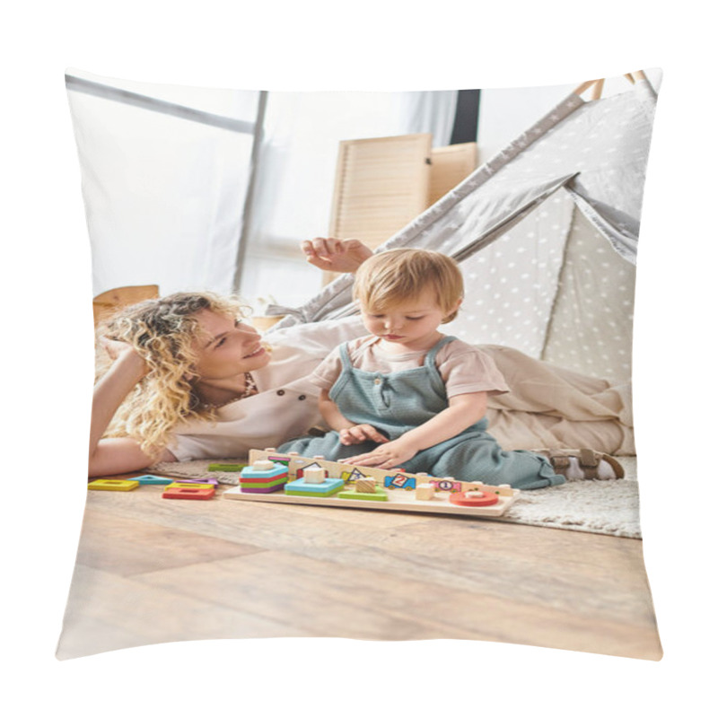 Personality  Mother And Toddler Happily Play With Montessori Toys On The Floor. Pillow Covers