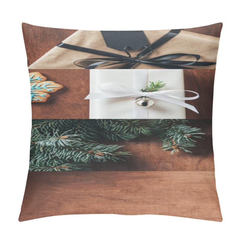 Personality  Collage Of Christmas Decorated Gifts, Fir Branch And Cookie On Wooden Background Pillow Covers