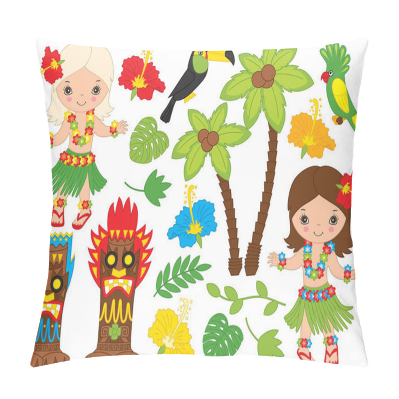 Personality  Vector Hawaiian Set With Cute, Little Girls, Tiki Masks, Birds And Hibiscus Pillow Covers