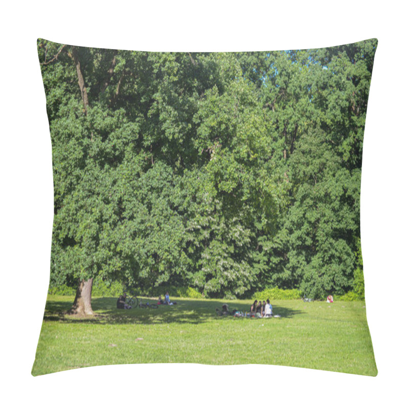 Personality  People Are Resting In The Shade Under A Big Tree, On A Green Meadow In Maksimir. Spring 2020. Zagreb - Croatia Pillow Covers