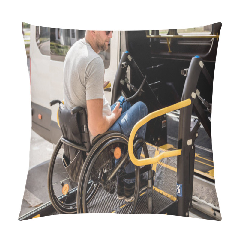 Personality  A Man In A Wheelchair On A Lift Of A Vehicle For People With Disabilities Pillow Covers