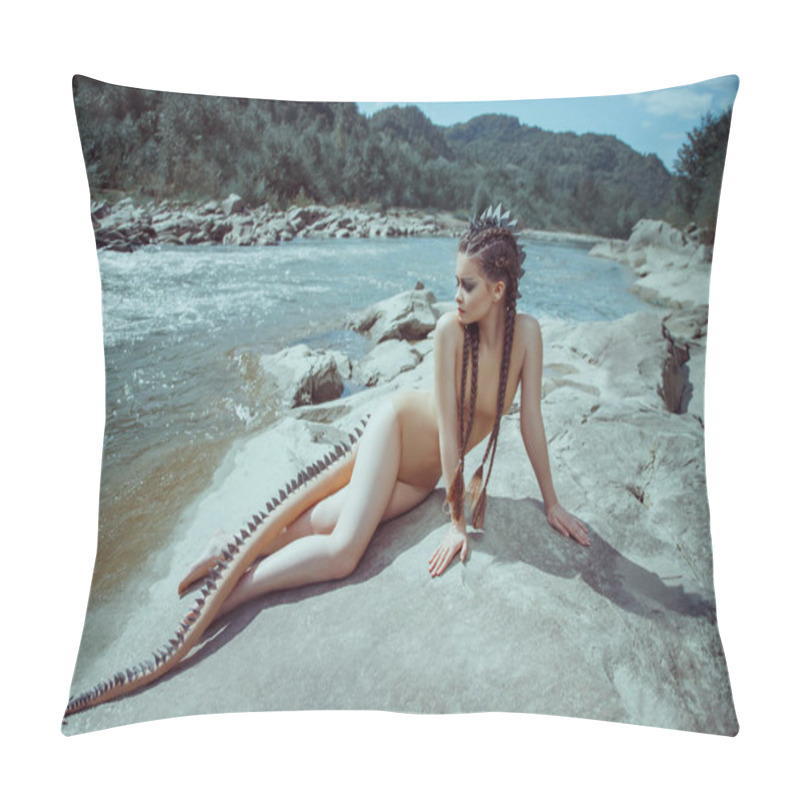 Personality  Sexy River Dragon Girl. The Unusual Image Of A Mermaid With A Lizard Tail That Covers Scales And Spikes. Fabulous Costume Body Color. Hair With Braids. Background Mountain River, Stones, Forest. Pillow Covers