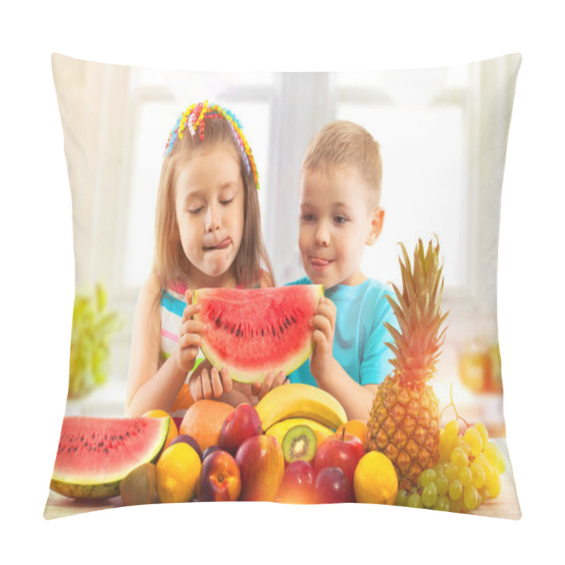 Personality  Happy Kids Eating Watermelon With Fruits In Kitchen Pillow Covers