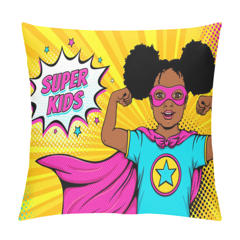 Personality  Wow Face. Cute Surprised Afro American Black Little Girl Dressed Like Superhero Shows Her Power And Super Kids Speech Bubble. Vector Illustration In Retro Pop Art Comic Style. Party Invitation Poster. Pillow Covers