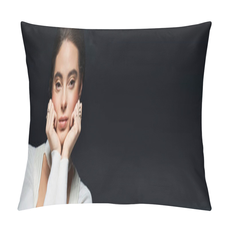 Personality  A Young Woman Rests Her Chin On Her Hands, Lost In Thought, Against A Dark Background. Pillow Covers