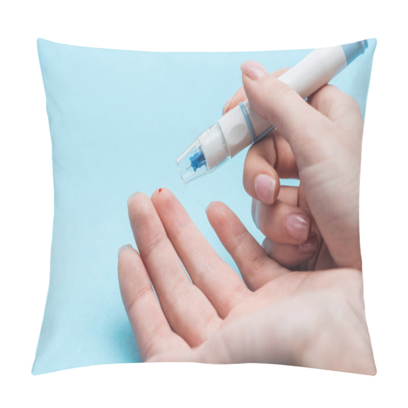 Personality  Cropped View Of Female Hands Making Glucose Level Test With Needle On Blue Background Pillow Covers