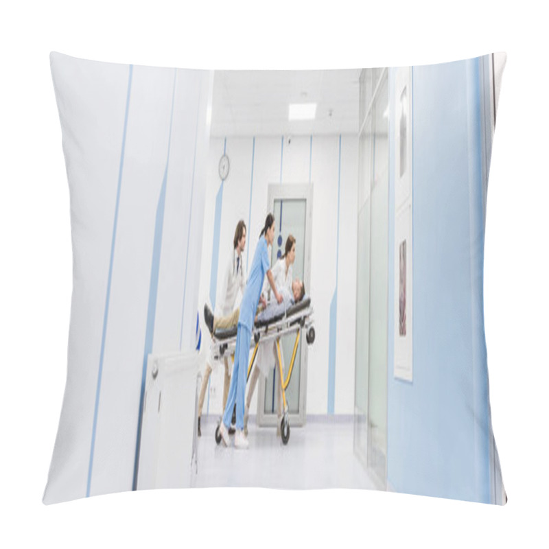 Personality  Concentrated Doctors And Nurse Transporting Unconscious Patient On Gurney  Pillow Covers