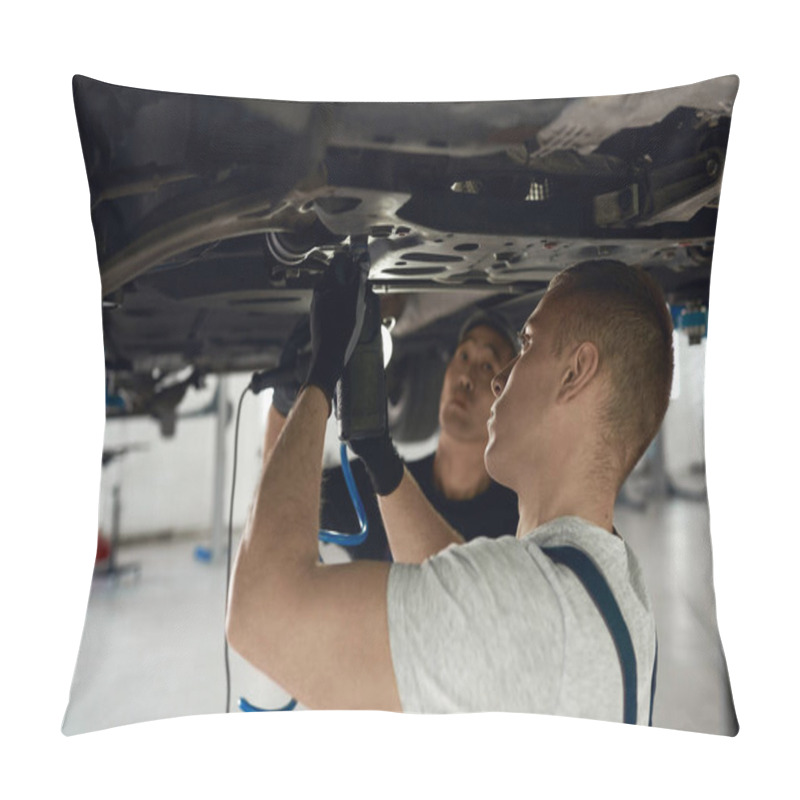 Personality  Caucasian Mechanic Screwing Bottom Nuts Beside Asian Employee Pillow Covers