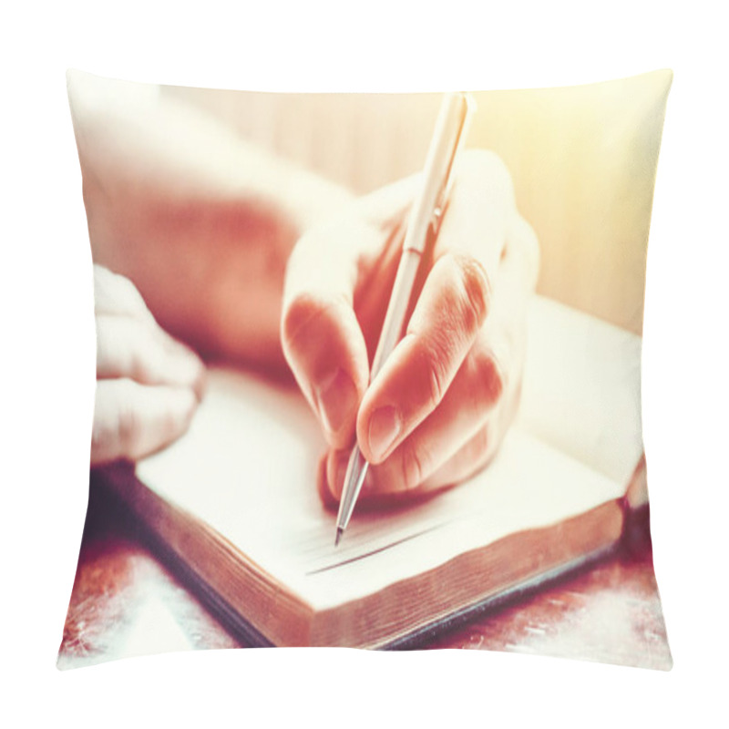 Personality  Male Hand Is Writing In  Notepad  Pillow Covers