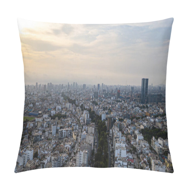 Personality  Aerial Photography Capturing The Vibrant And Bustling San Borja District Of Lima, Peru, On A Warm Orange Summer Afternoon, Featuring A Prominent Building In The Distance Pillow Covers