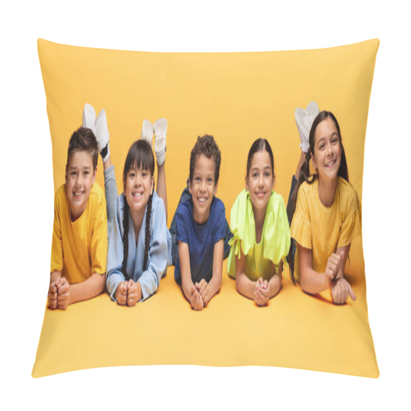 Personality  Diversity, Portrait Of Happy Multiracial Children Lying On Floor And Smiling Together On Yellow Background. Happiness Or Excited, Group Of Friends Kids Have Fun, Enjoying Games, Childhood Concept Pillow Covers