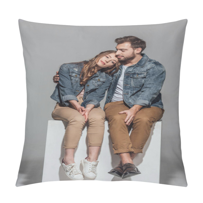 Personality  Beautiful Young Couple In Love Sitting Together On Grey Pillow Covers