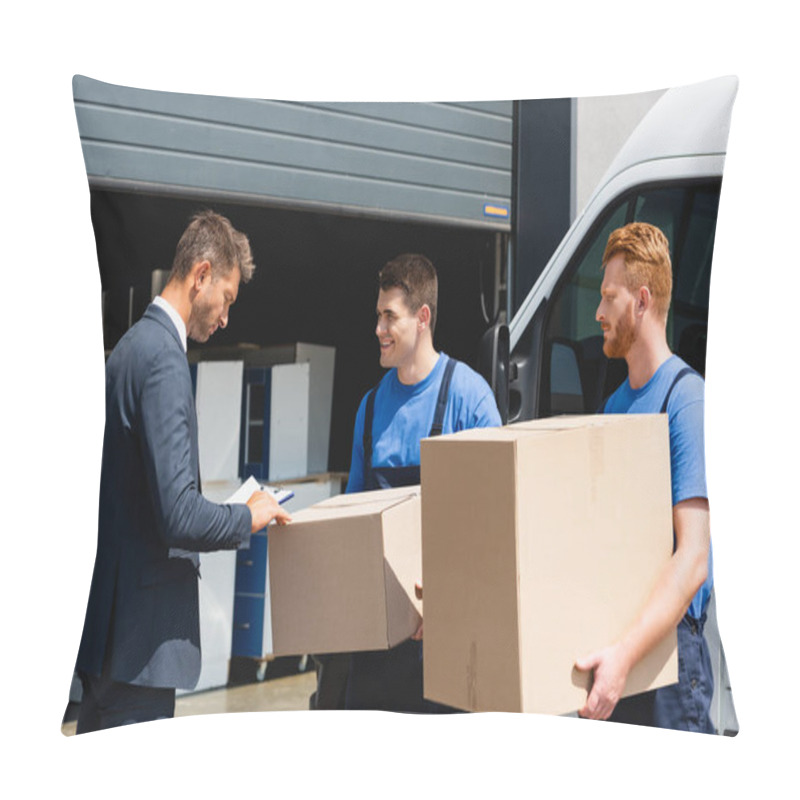 Personality  Movers With Cardboard Boxes Standing Near Businessman With Clipboard And Truck On Urban Street  Pillow Covers