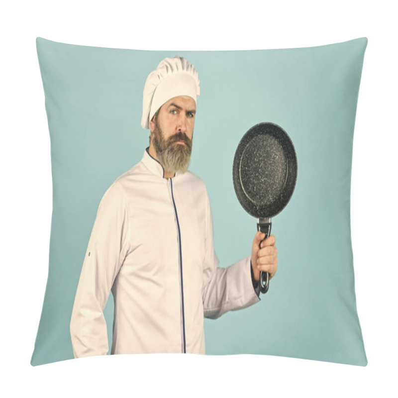 Personality  Cuisine Rich Vitamins. Preparing Food In Kitchen. Husband In Chef Hat On Kitchen. Cooking Food Concept. Hold Frying Pan. Best Quality. Bearded Cook In Uniform With Tools. Bearded Man Hold Cooking Pan Pillow Covers