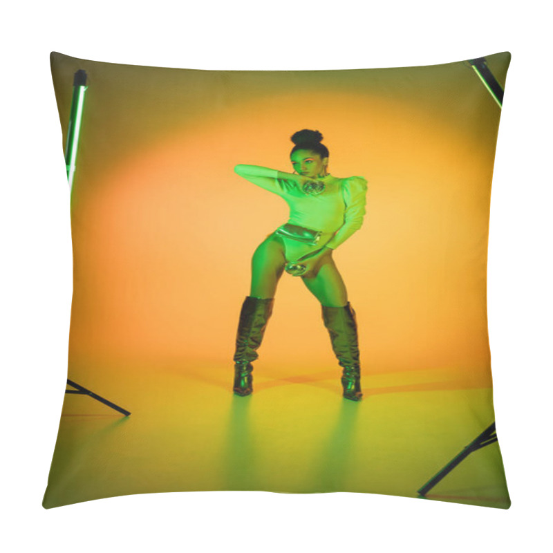 Personality  African American Model In Neon Bodysuit And Makeup Holding Disco Balls Near Fluorescent Lamps On Orange Background  Pillow Covers