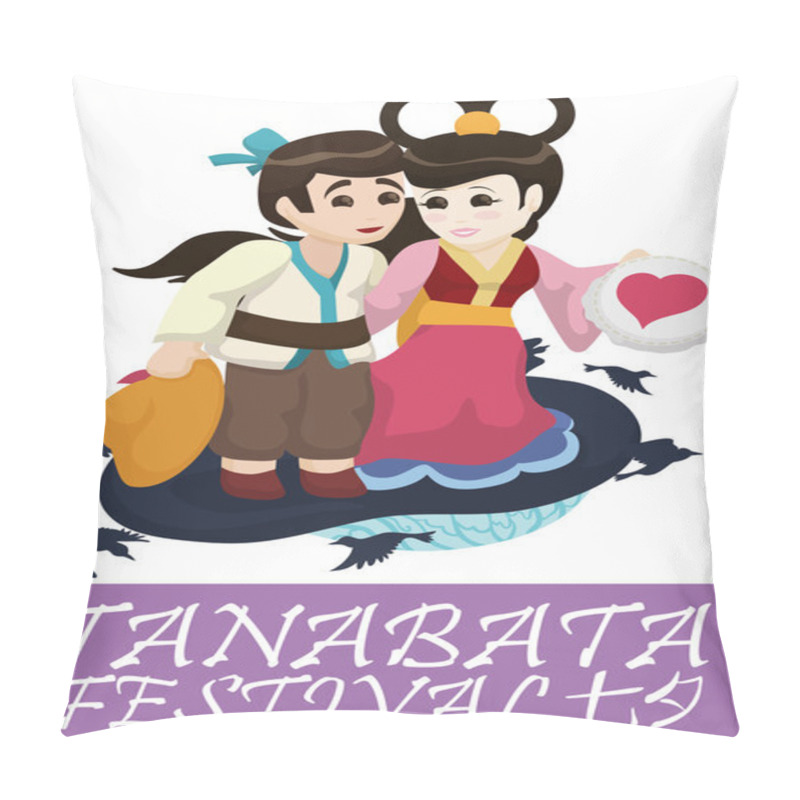 Personality  Cute Couple Poster For Tanabata Festival, Vector Illustration Pillow Covers