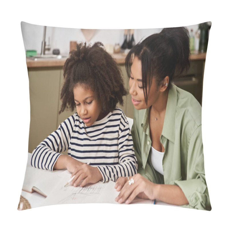 Personality  A Mother Guides Her Daughter In Drawing And Creativity At Their Cozy Kitchen Table. Pillow Covers