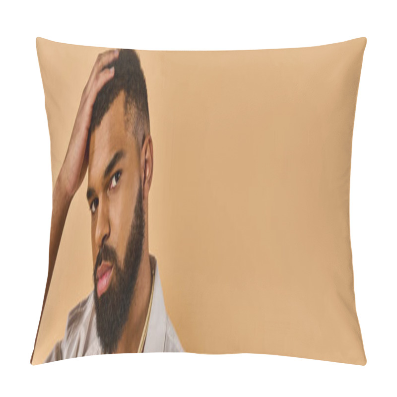 Personality  A Contemplative Man With A Full Beard Is Holding His Head In His Hands, Deep In Thought Or Anguish, Pondering Lifes Complexities. Pillow Covers