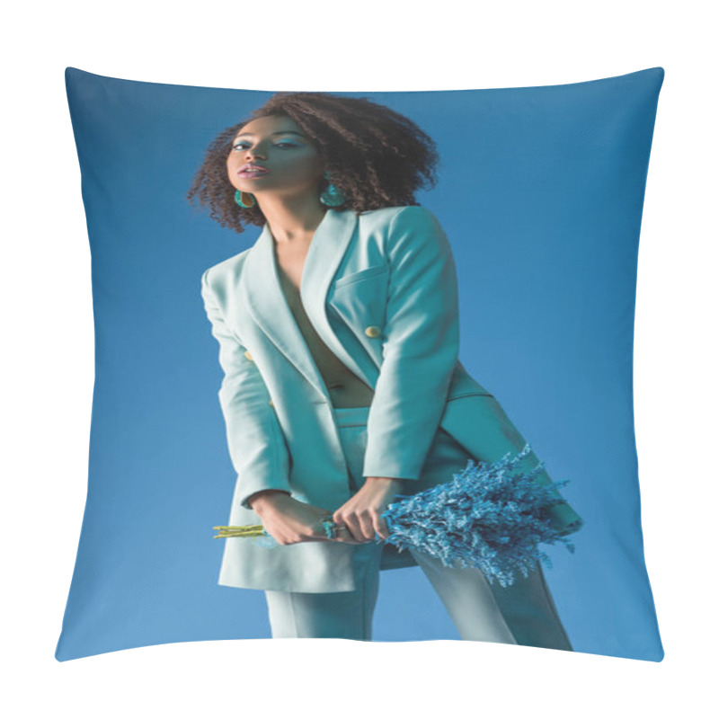 Personality  Attractive African American Woman Holding Bouquet Isolated On Blue Pillow Covers