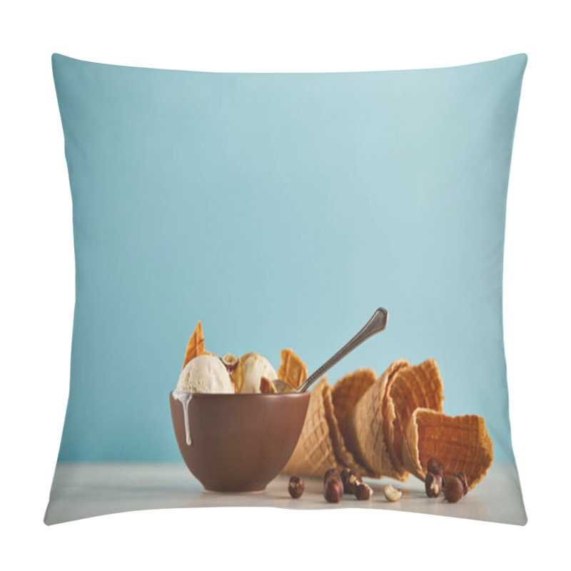 Personality  Bowl Of Delicious Ice Cream With Waffle Cones, Hazelnuts And Spoon On Blue With Copy Space Pillow Covers