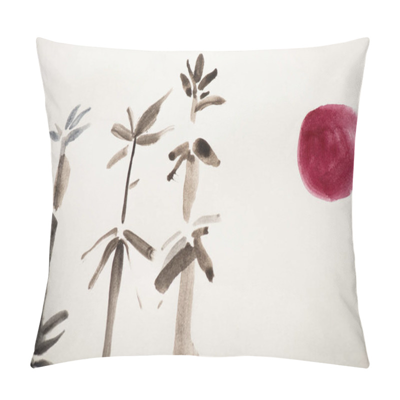 Personality  Japanese Painting With Bamboo And Pink Sun On White Background Pillow Covers