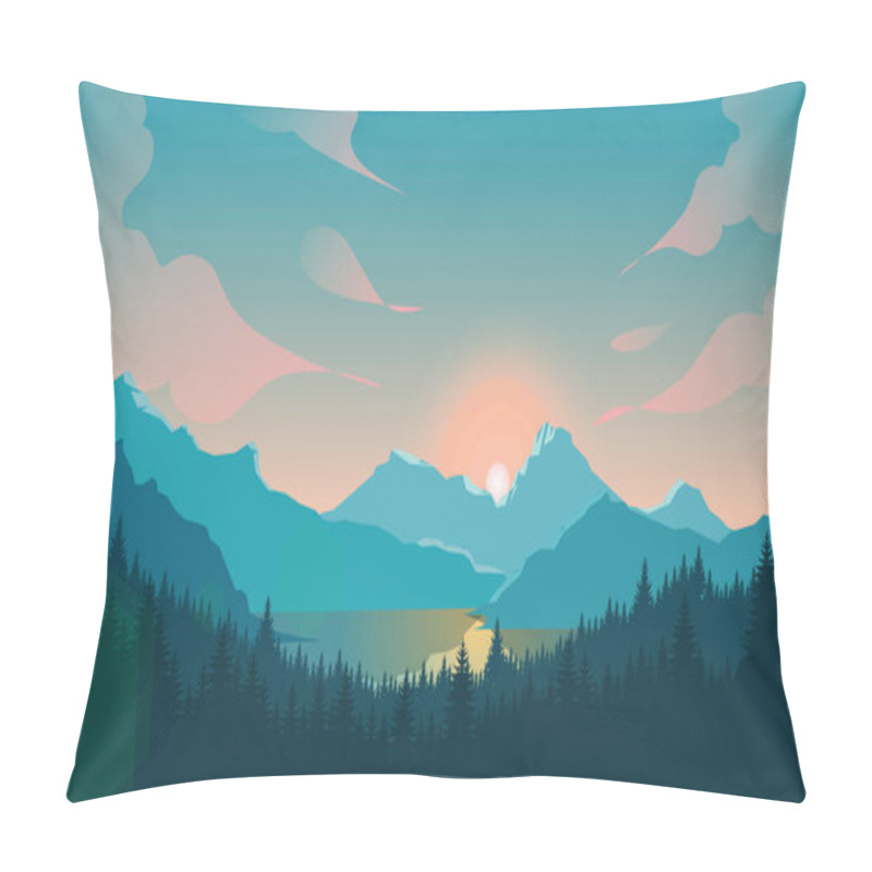 Personality  Blue Mountain Landscape Background, Morning View Mountains, Flat Mountains Background Pillow Covers