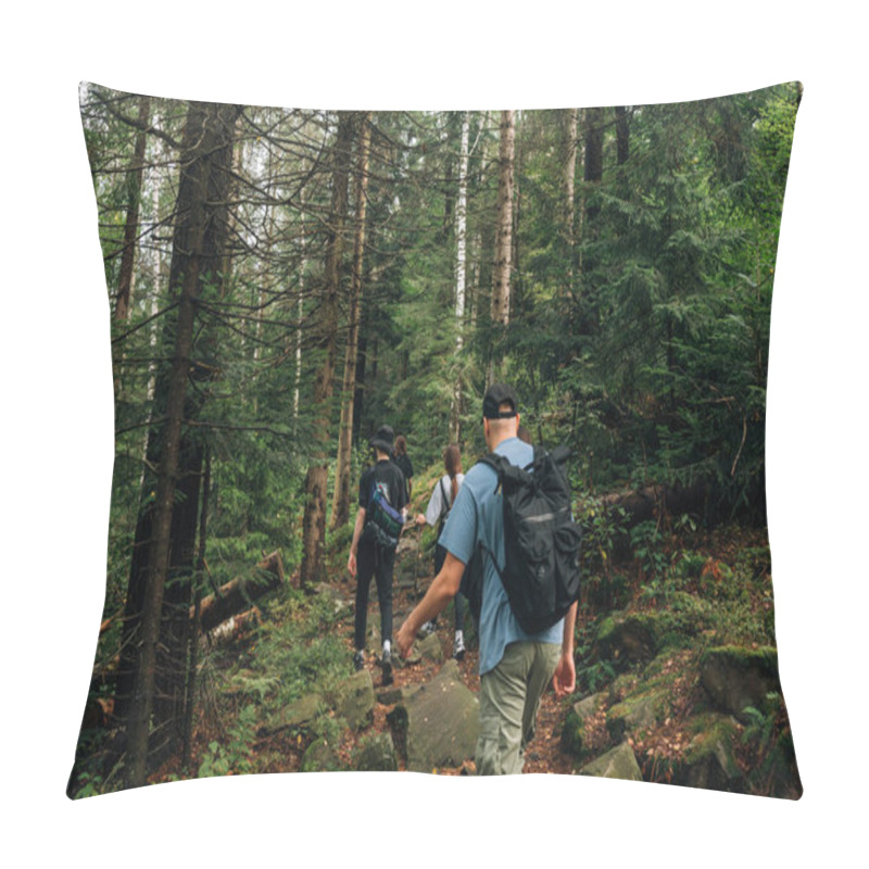 Personality  Group Of Friends Hikers Are Walking In The Mountains On A Path Through The Forest, Rear View. Friends Actively Rest In The Mountains. Pillow Covers