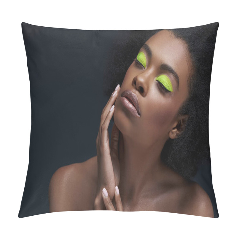 Personality  Portrait Of Beautiful African American Model With Bright Neon Makeup And Bare Shoulders Isolated On Black Pillow Covers