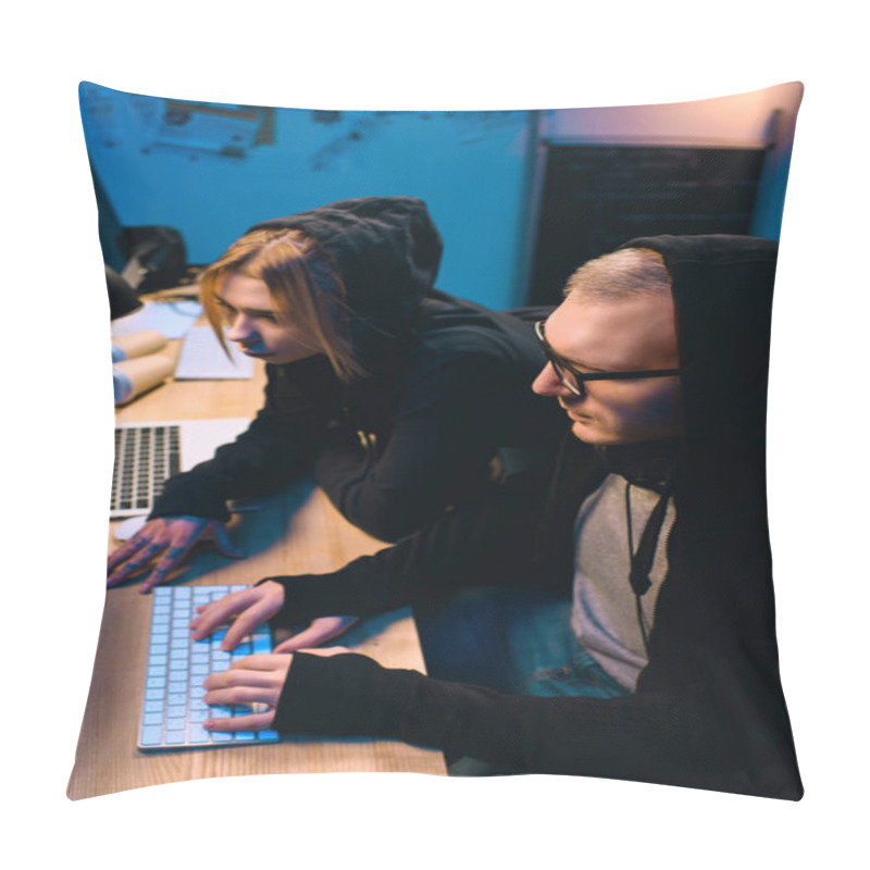 Personality  Confident Couple Of Hackers Working On Malware Together In Dark Room Pillow Covers