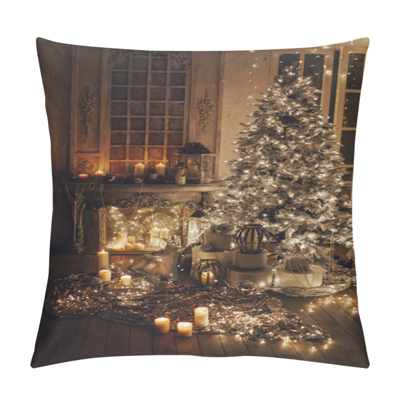 Personality  Warm And Cozy Evening In Christmas Interior Design,Xmas Tree Decorated By Lights Presents Gifts,toys, Deer,candles, Lanterns, Garland Lighting Indoors Fireplace.holiday Living Room.magic New Year Pillow Covers