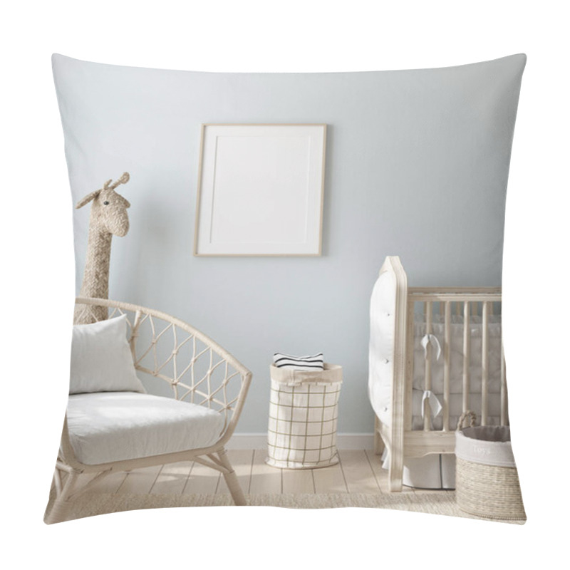 Personality  Mock Up Frame In Boy Nursery With Natural Wooden Furniture, 3D Render Pillow Covers