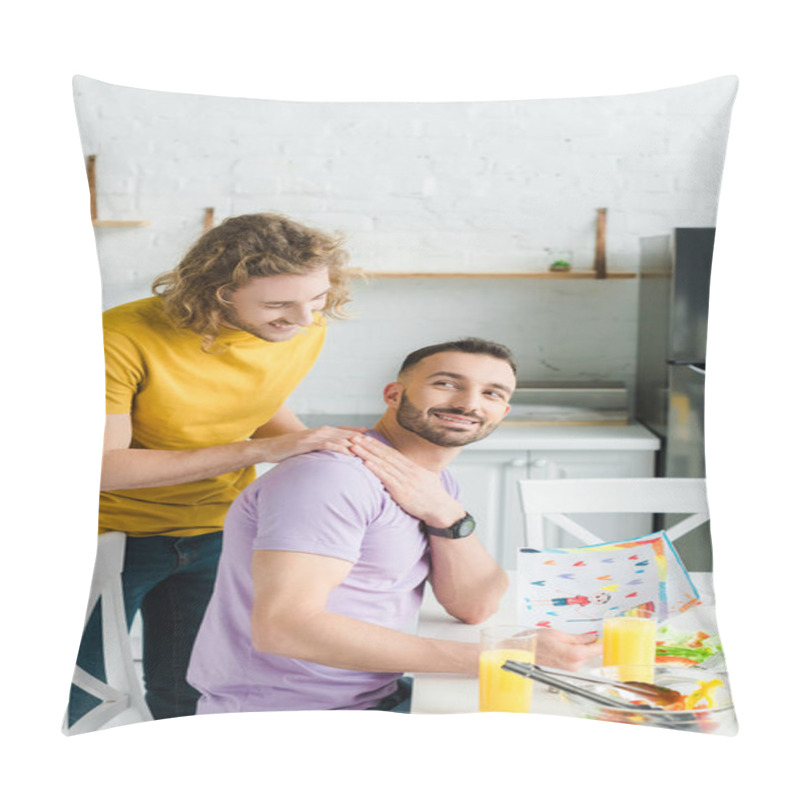 Personality  Happy Homosexual Men Holding Hands Near Salad And Glasses With Orange Juice  Pillow Covers