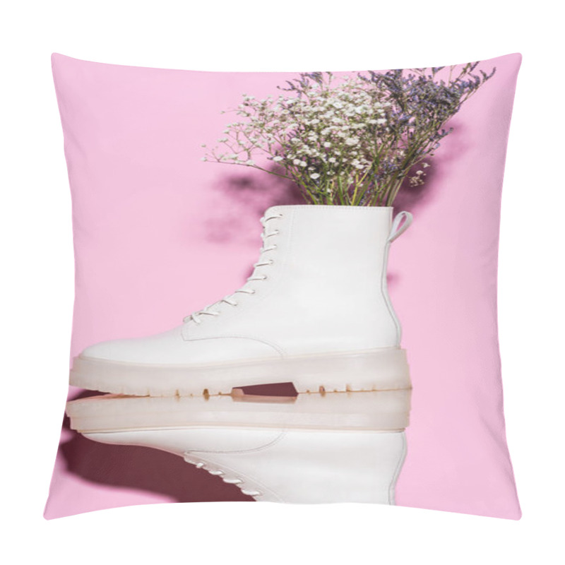 Personality  White Boots With Wildflowers On Pink Background Pillow Covers