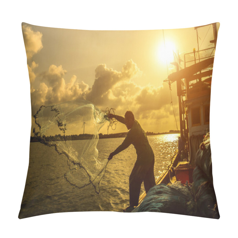 Personality  Silhouettes Fisherman Casting On A Crab Boat. Pillow Covers