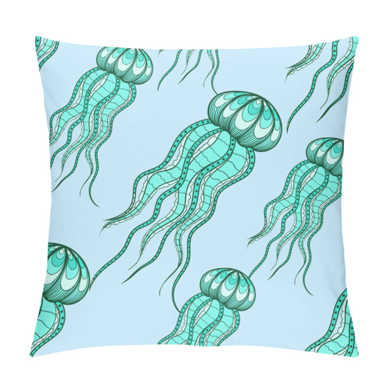 Personality  Zentangle Vector Green Jellyfish Seamless Pattern. Ornamental Tr Pillow Covers