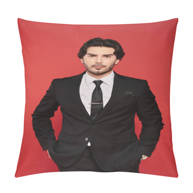 Personality  Confident Young Man In A Black Suit Stands Against A Bold Red Backdrop, Showcasing Elegance. Pillow Covers