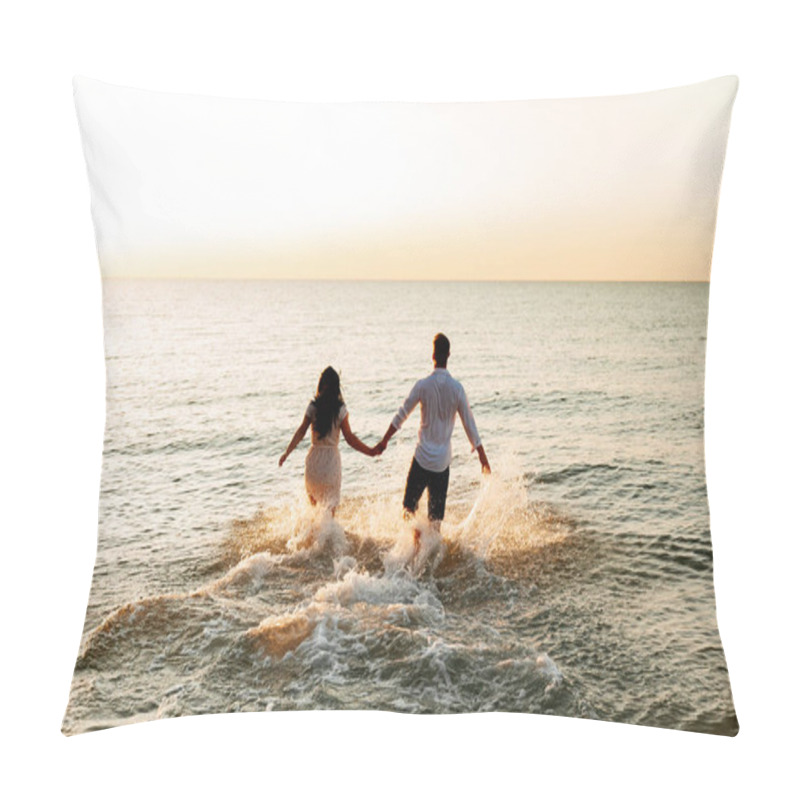 Personality  Loving Couple In White Clothes During A Honeymoon At Sea Walk On The Sand At A Photoshoot Love Story, Ocean Coast, Beach Pillow Covers