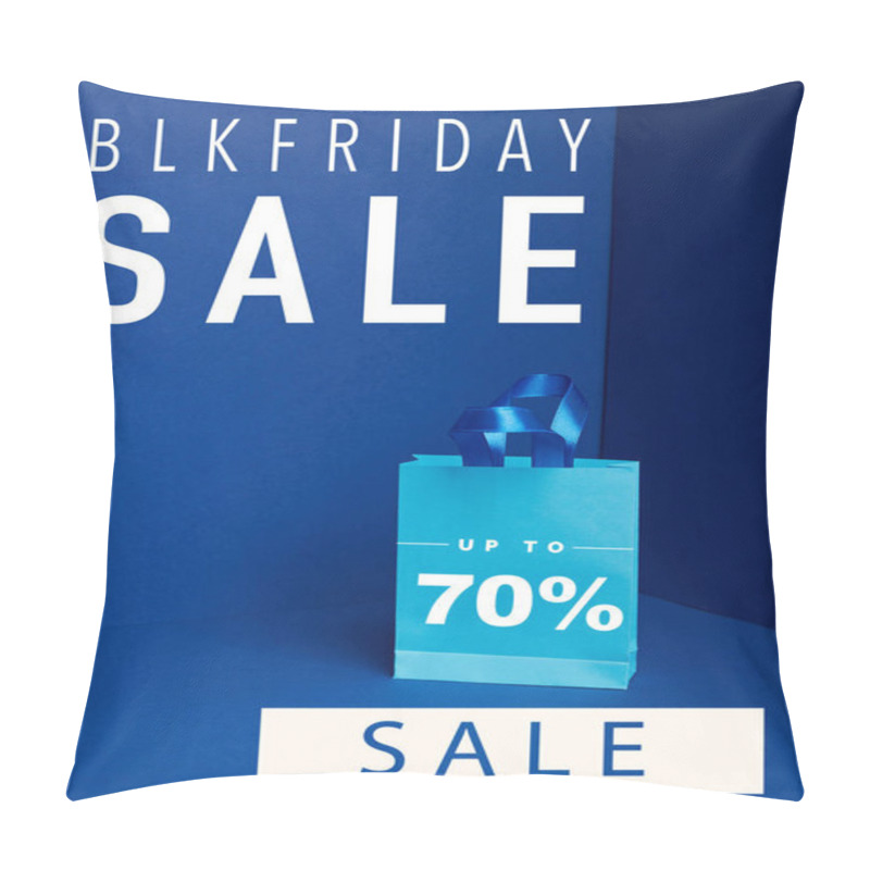 Personality  Close Up View Of Paper Shopping Bag On Blue With Blkfriday And 70 Percents Sale Pillow Covers