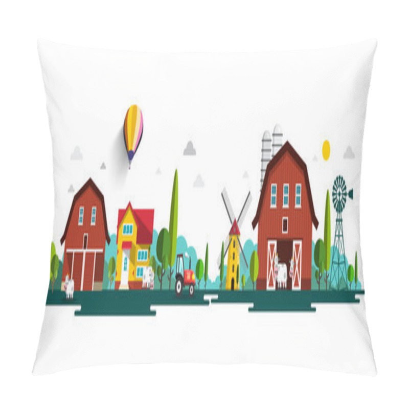 Personality  Rural Vector Landscape Panorama With Barn, Houses, Windmills And Tractor Pillow Covers