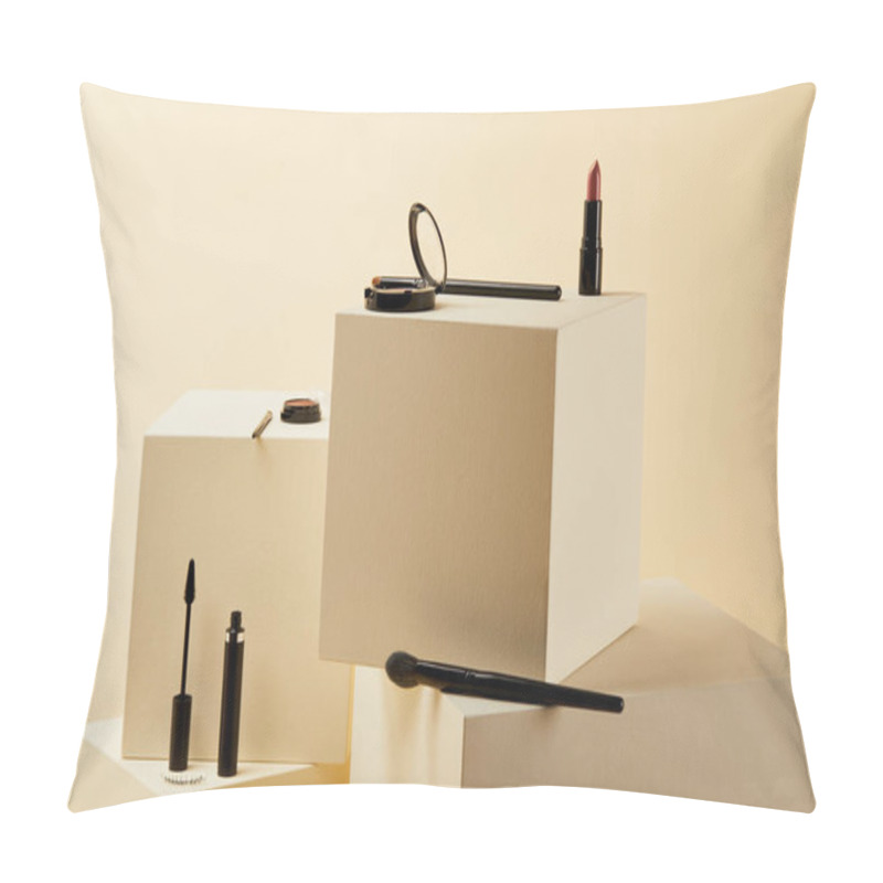 Personality  Various Makeup Supplies Lying On Beige Cubes Pillow Covers