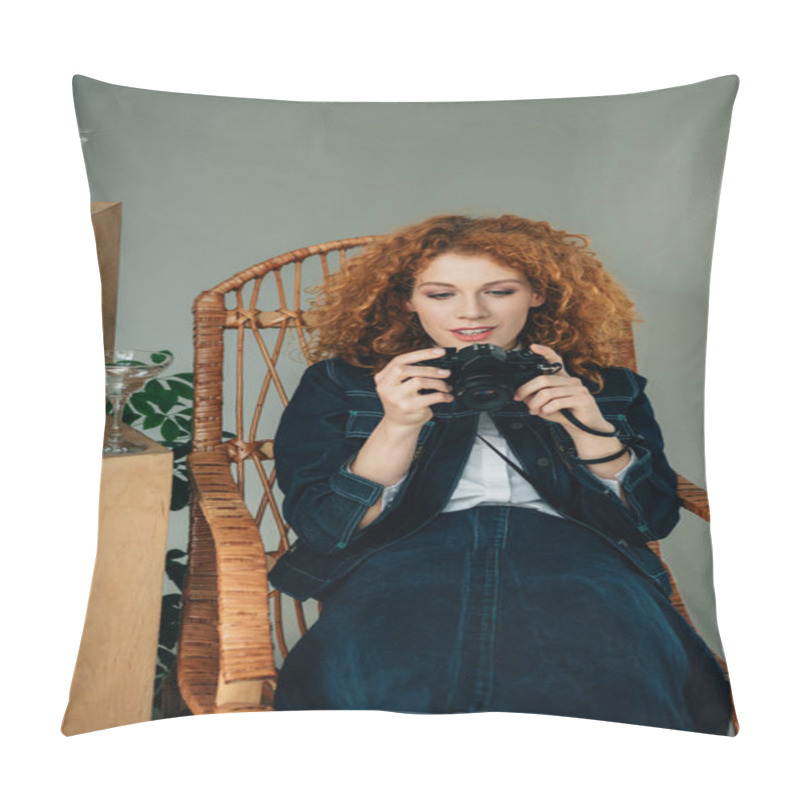 Personality  Beautiful Stylish Redhead Woman In Wicker Chair Taking Photo With Film Camera On Grey Pillow Covers