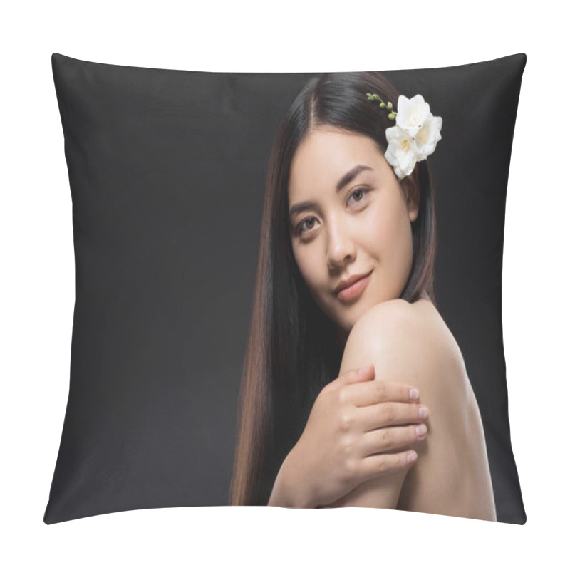 Personality  Portrait Of Beautiful Young Asian Woman With White Flowers In Hair Looking At Camera Isolated On Black Pillow Covers