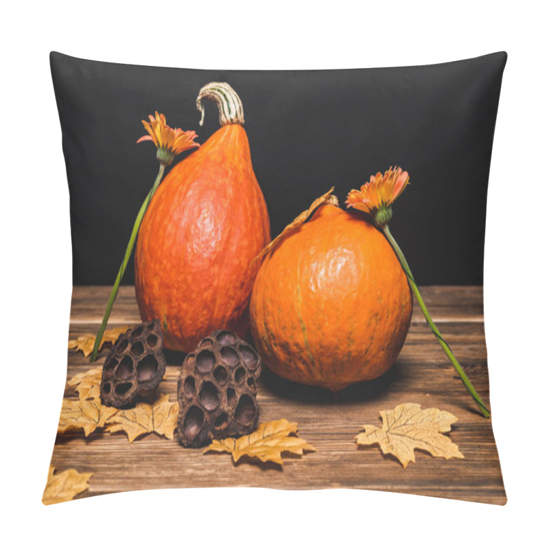 Personality  Flowers And Autumnal Leaves Near Pumpkins And Dried Lotus Pods Isolated On Black  Pillow Covers