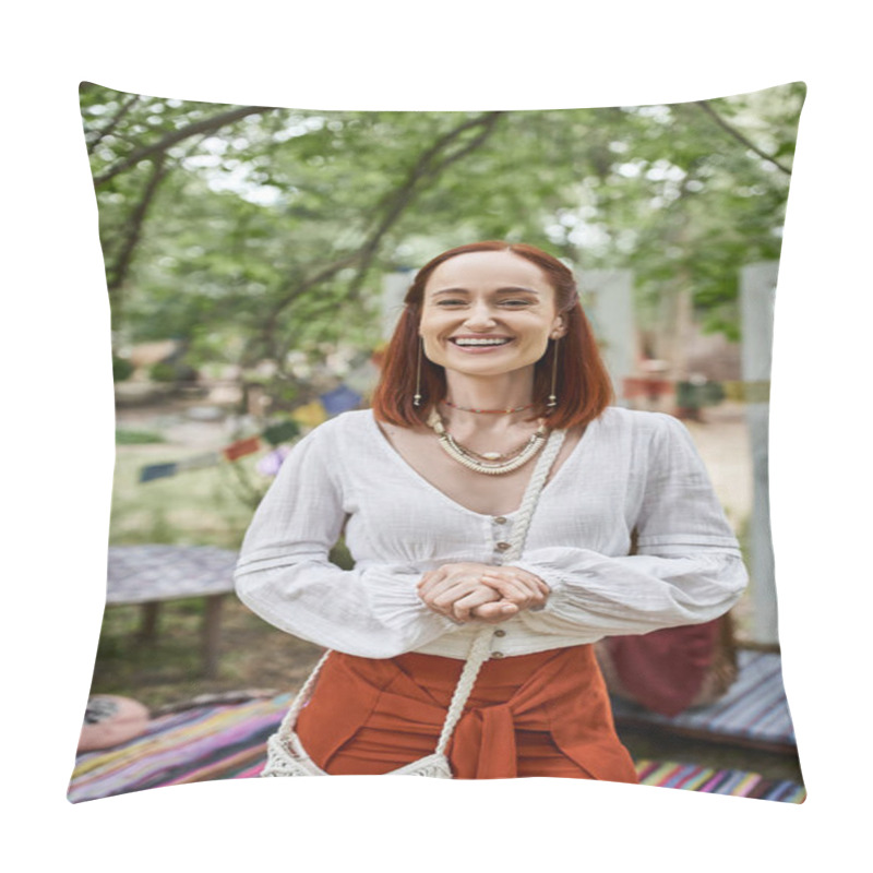 Personality  Portrait Of Excited Redhead Woman In Boho Outfit Looking At Camera Outdoors In Retreat Center Pillow Covers