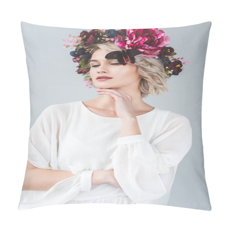 Personality  Tender Woman Posing In Floral Wreath With Butterfly, Isolated On Grey Pillow Covers