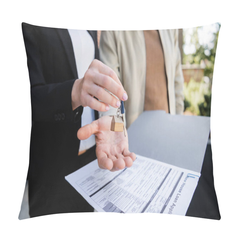 Personality  Partial View Of Realtor Giving Key To Blurred Man Pillow Covers