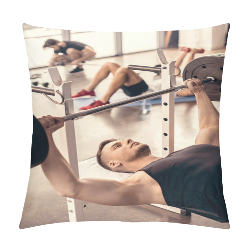 Personality  Handsome Sportsman Lifting Barbell In Gym Pillow Covers